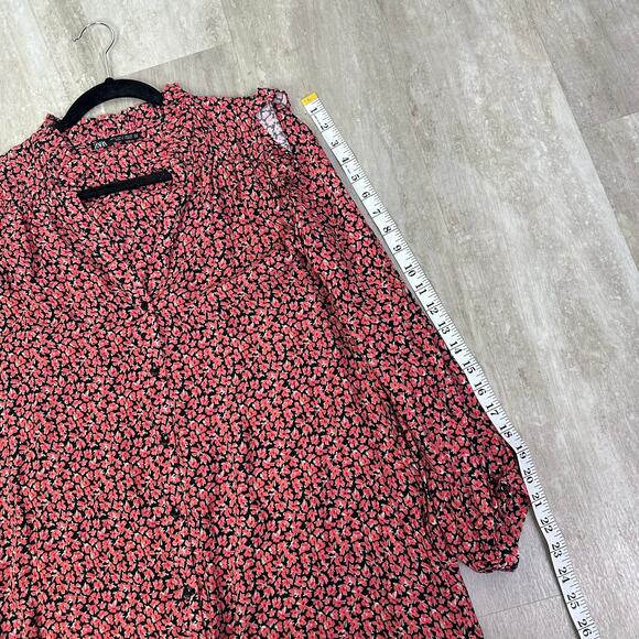 Zara Red Floral Printed Button Ruffle Shoulder Long Sleeve Mini Dress Size Small - Picture 8 of 8
